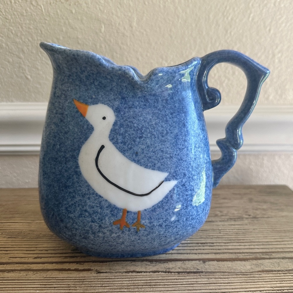 Vintage Calico China Blue Speckled Porcelain Pitcher White Painted Duck Goose